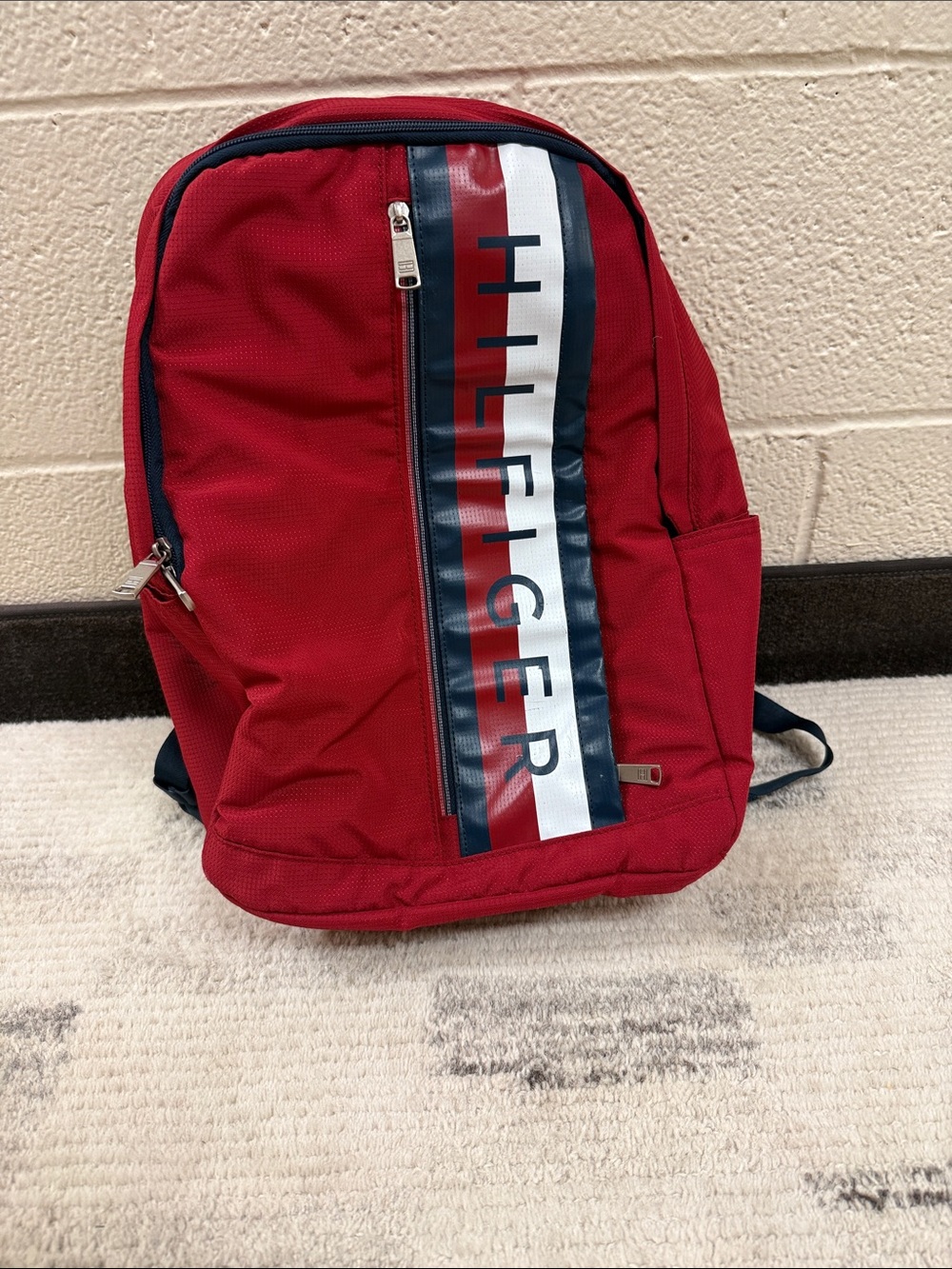 Tommy Hilfiger Red Backpack with Navy and White Signature Stripe